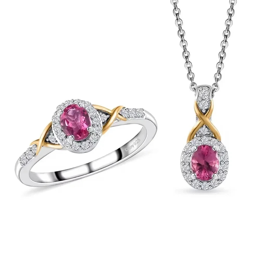 Ouro Fino Rubellite, White Zircon Ring (Size 6.0) Pendant Necklace (20in) 925